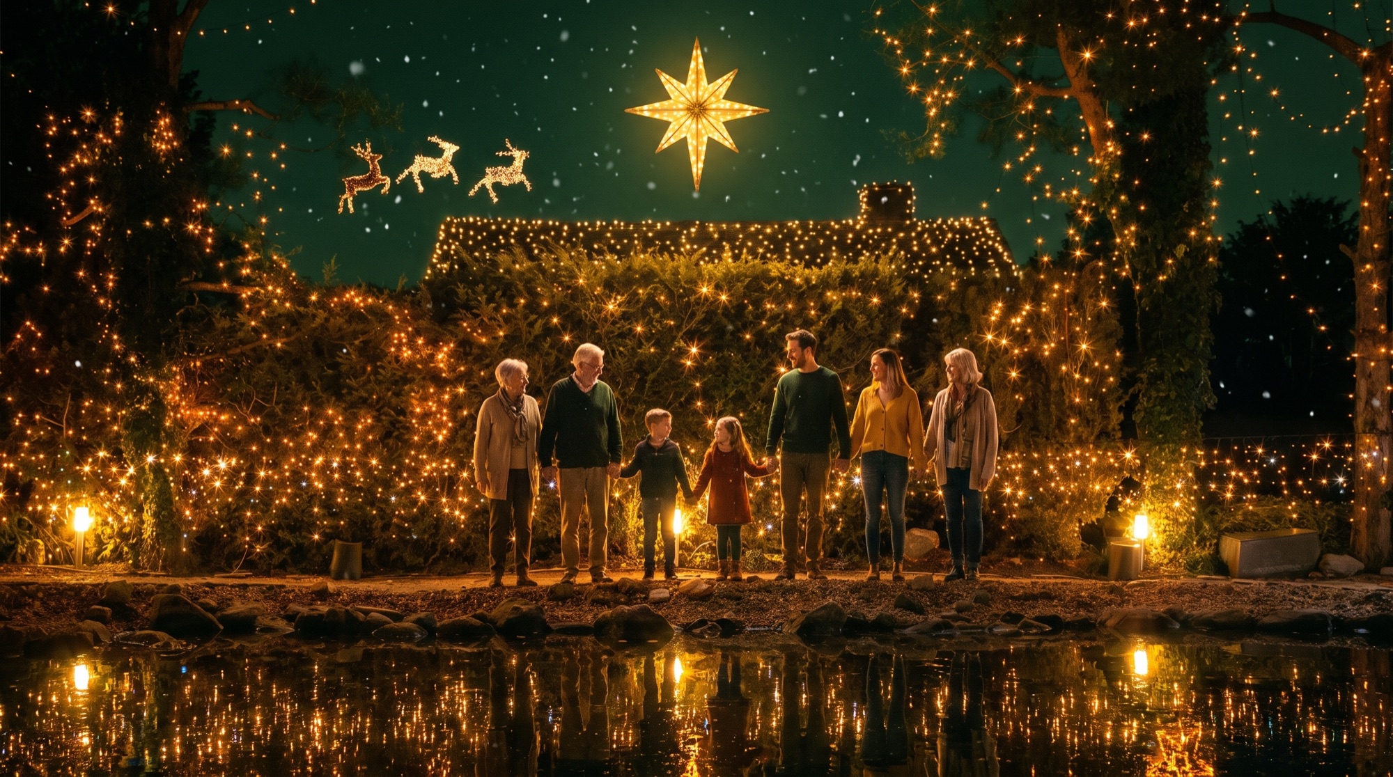 Menschen gemeinsam beim Weihnachtshaus